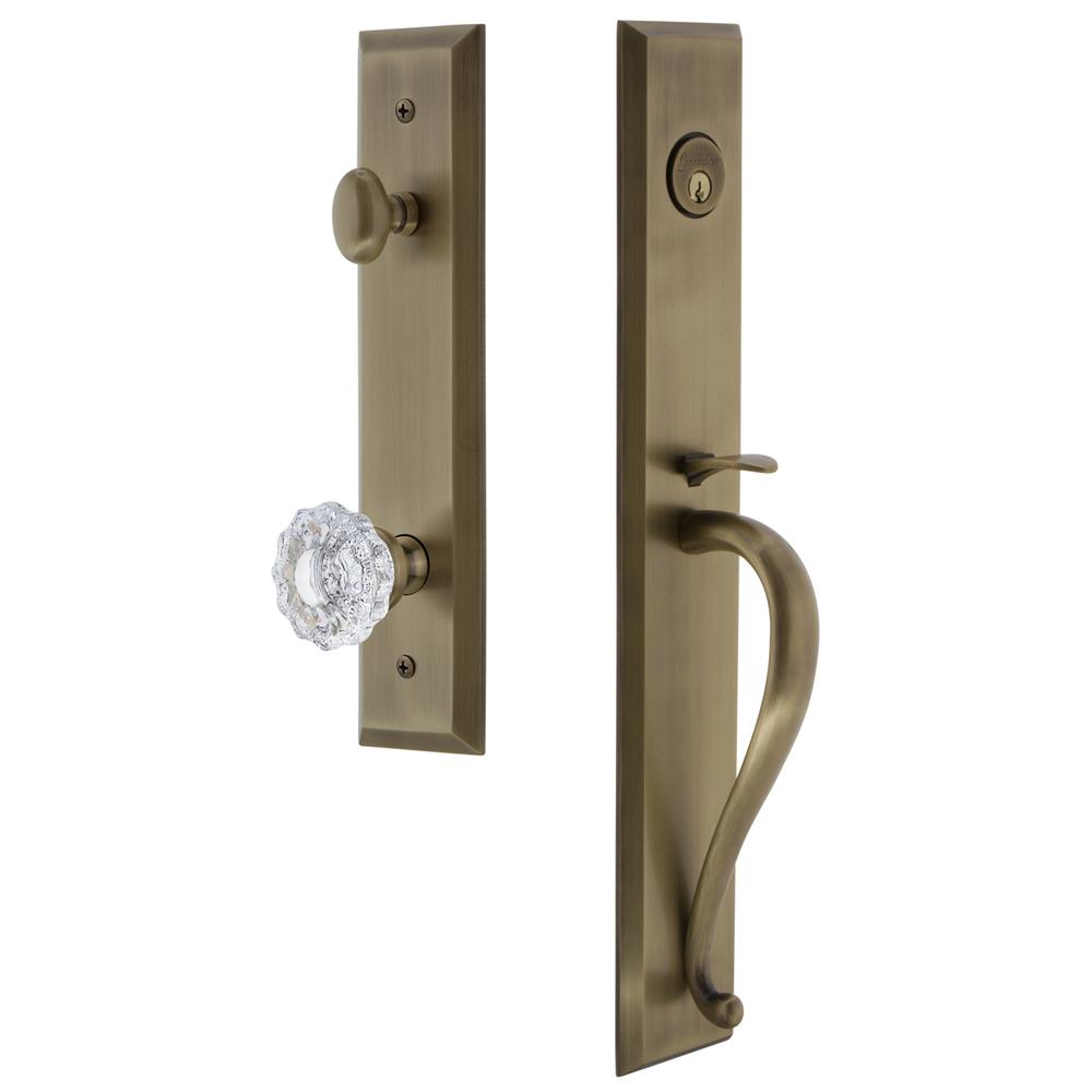 Grandeur by Nostalgic Warehouse FAVSGRVER Fifth Avenue One-Piece Handleset with S Grip and Versailles Knob in Vintage Brass